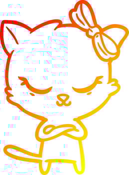 warm gradient line drawing cute cartoon cat with bow vector