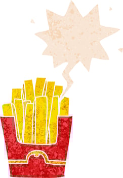cartoon fries and speech bubble in retro textured style vector