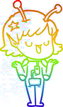 rainbow gradient line drawing happy alien girl cartoon vector