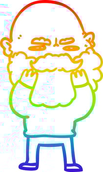 rainbow gradient line drawing cartoon man with beard frowning checking his beard vector