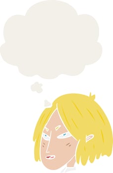 cartoon woman and thought bubble in retro style vector