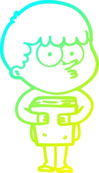 cold gradient line drawing cartoon curious boy holding a book vector
