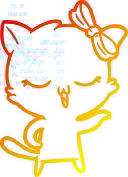 warm gradient line drawing cartoon cat with bow on head vector