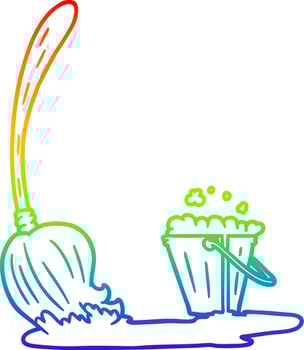 rainbow gradient line drawing cartoon mop and bucket vector