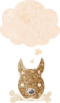 cartoon dog with bone and thought bubble in retro textured style vector