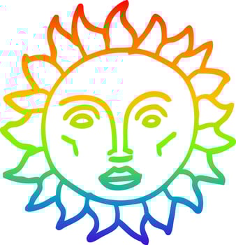 rainbow gradient line drawing cartoon traditional sun face vector
