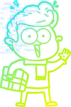 cold gradient line drawing cartoon excited man with present vector