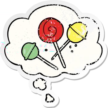 cartoon lollipop and thought bubble as a distressed worn sticker vector