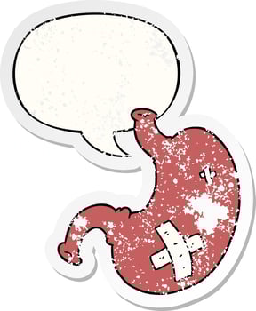 cartoon stomach and speech bubble distressed sticker vector
