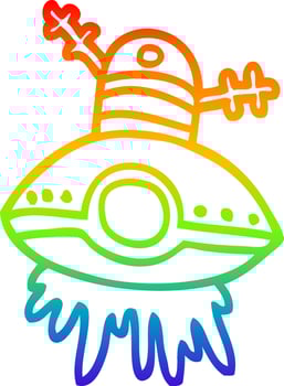 rainbow gradient line drawing cartoon alien spaceship vector
