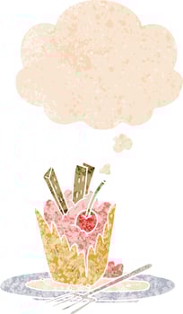 cartoon dessert and thought bubble in retro textured style vector