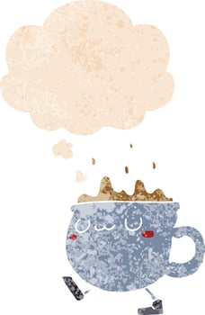 cartoon coffee cup walking and thought bubble in retro textured style vector