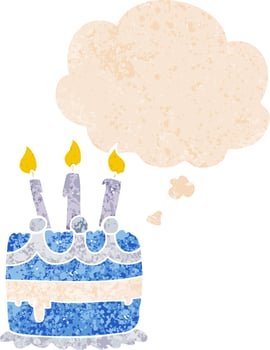cartoon birthday cake and thought bubble in retro textured style vector