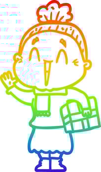 rainbow gradient line drawing cartoon happy old lady vector