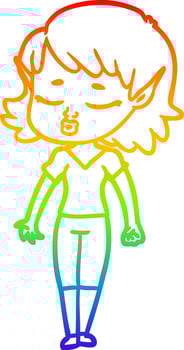 rainbow gradient line drawing pretty cartoon elf girl vector