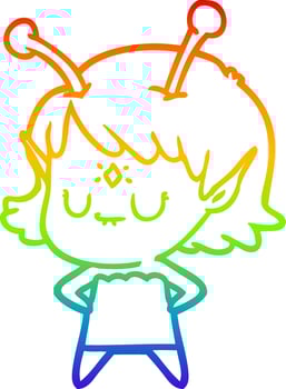rainbow gradient line drawing cartoon alien girl vector