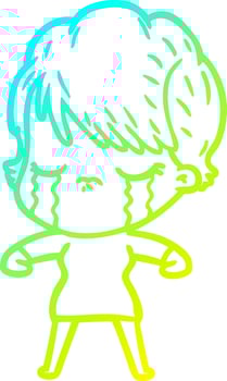 cold gradient line drawing cartoon woman crying vector