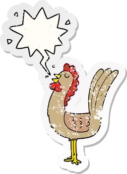 cartoon rooster and speech bubble distressed sticker vector