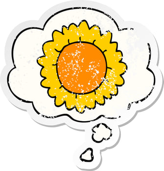cartoon flower and thought bubble as a distressed worn sticker vector