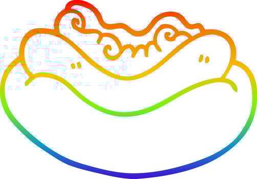 rainbow gradient line drawing cartoon hotdog in a bun vector