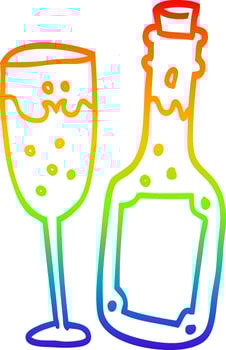 rainbow gradient line drawing cartoon champagne bottle and glass vector