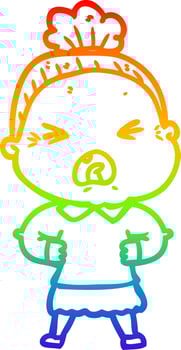 rainbow gradient line drawing cartoon angry old woman vector