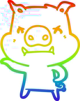 rainbow gradient line drawing angry cartoon pig vector