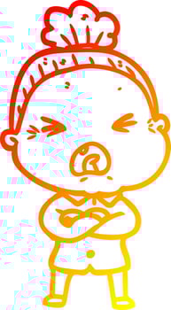 warm gradient line drawing cartoon angry old woman vector