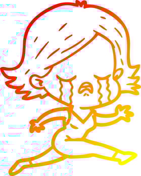 warm gradient line drawing cartoon girl crying whilst running vector