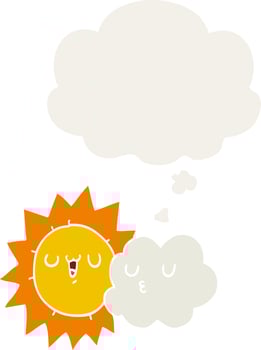 cartoon sun and cloud and thought bubble in retro style vector