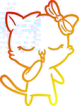 warm gradient line drawing cartoon cat with bow on head vector
