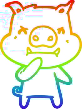 rainbow gradient line drawing angry cartoon pig vector