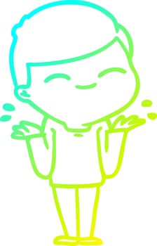 cold gradient line drawing cartoon smiling boy shrugging shoulders vector