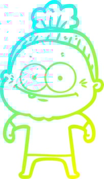 cold gradient line drawing cartoon happy old woman vector