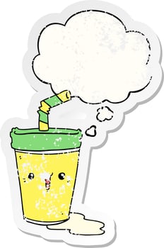 cute cartoon soda and thought bubble as a distressed worn sticker vector