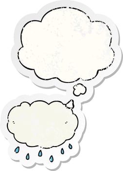 cartoon rain cloud and thought bubble as a distressed worn sticker vector