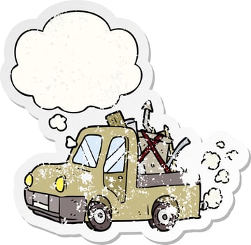 cartoon old truck and thought bubble as a distressed worn sticker vector