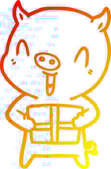 warm gradient line drawing happy cartoon pig with xmas present vector