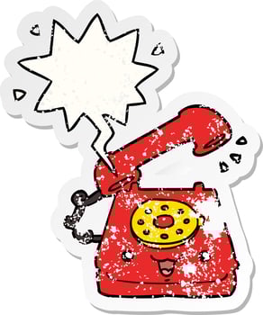 cute cartoon telephone and speech bubble distressed sticker vector