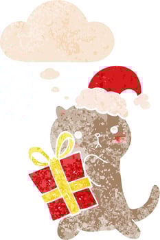 cute cartoon cat carrying christmas present and thought bubble in retro textured style vector