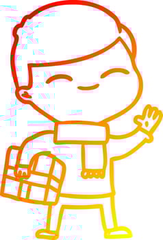 warm gradient line drawing cartoon smiling boy with gift vector