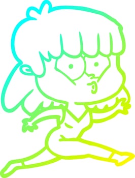 cold gradient line drawing cartoon woman running vector