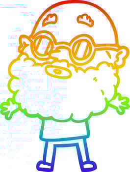 rainbow gradient line drawing cartoon curious man with beard and sunglasses vector