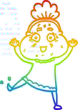 rainbow gradient line drawing cartoon happy old woman vector