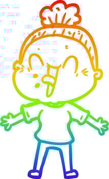 rainbow gradient line drawing cartoon happy old woman vector