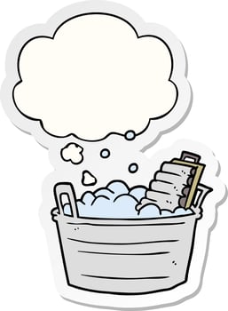 cartoon old washboard and bucket and thought bubble as a printed sticker vector