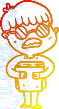 warm gradient line drawing cartoon boy hugging book wearing spectacles vector