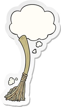 cartoon magic broom and thought bubble as a printed sticker vector