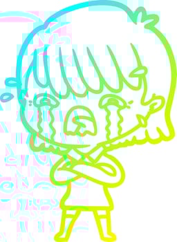 cold gradient line drawing cartoon girl crying vector