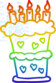 rainbow gradient line drawing cartoon birthday cake vector